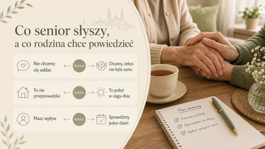 Mini-infografika pokazująca różnicę między intencją rodziny a tym, co może usłyszeć senior podczas rozmowy o domu seniora.