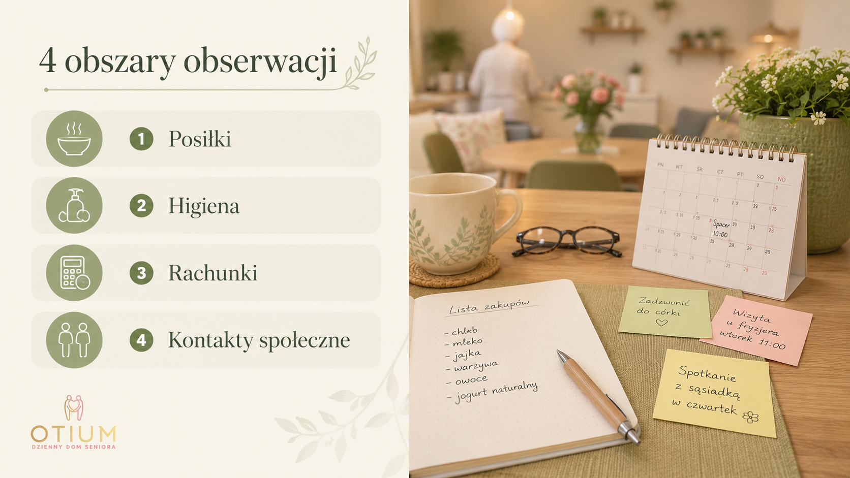 Mini-infografika pokazująca cztery obszary obserwacji codzienności seniora.