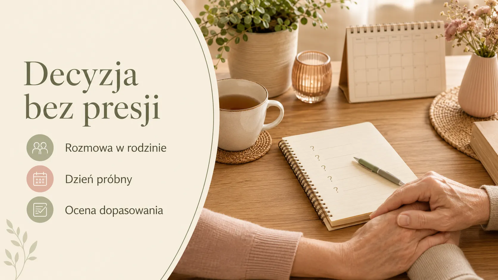 Mini-infografika pokazująca trzy kroki spokojnej decyzji o pobycie dziennym seniora.