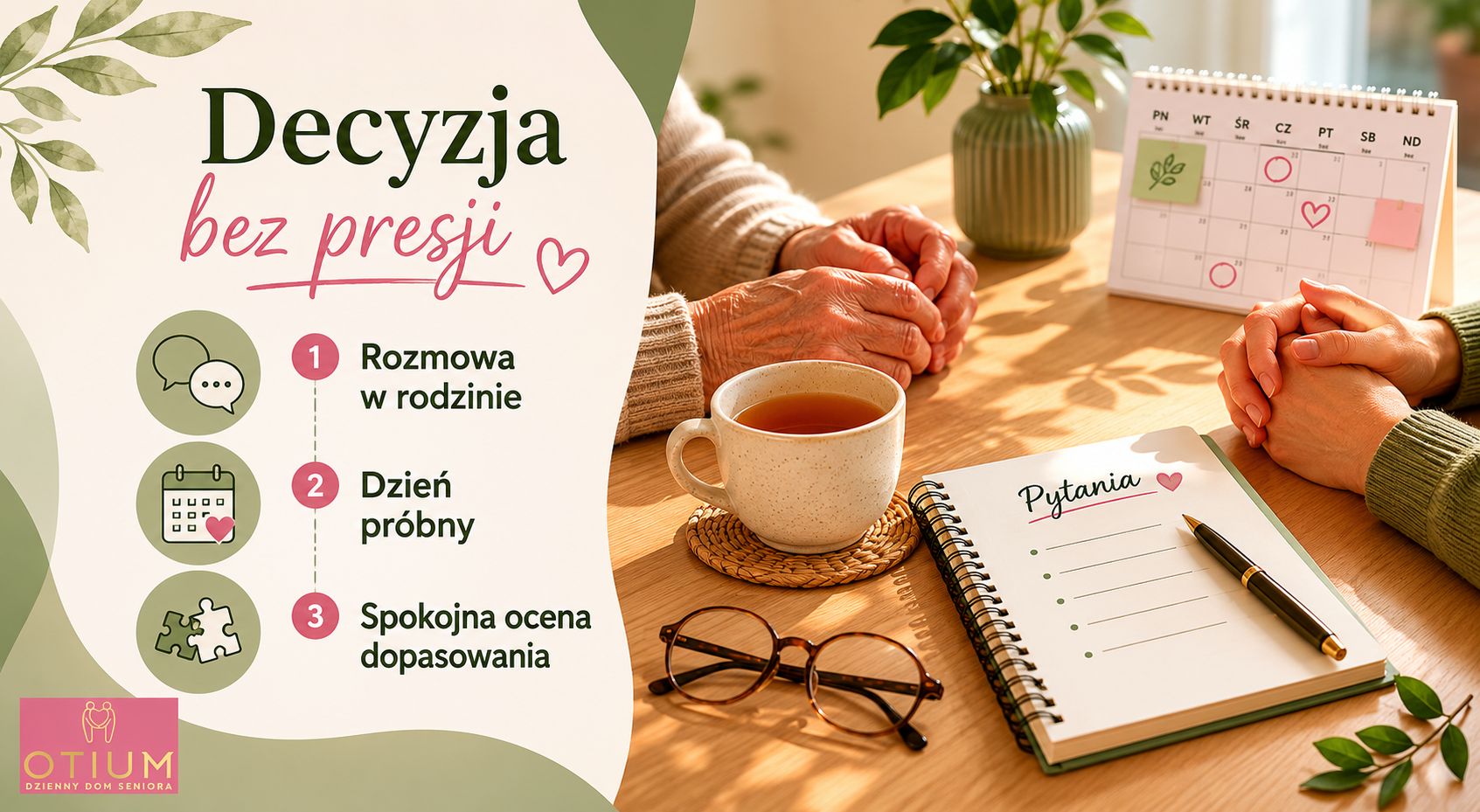 Mini-infografika pokazująca trzy kroki spokojnej decyzji o pobycie dziennym seniora.