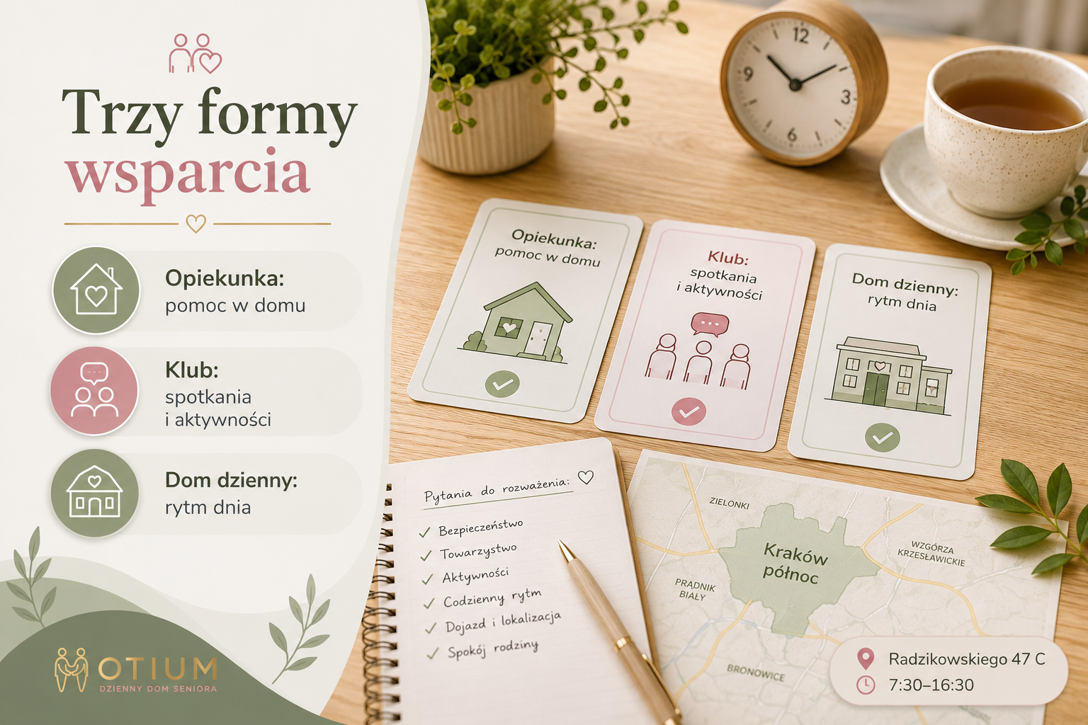 Infografika porównująca opiekunkę domową, klub seniora i dzienny dom seniora.