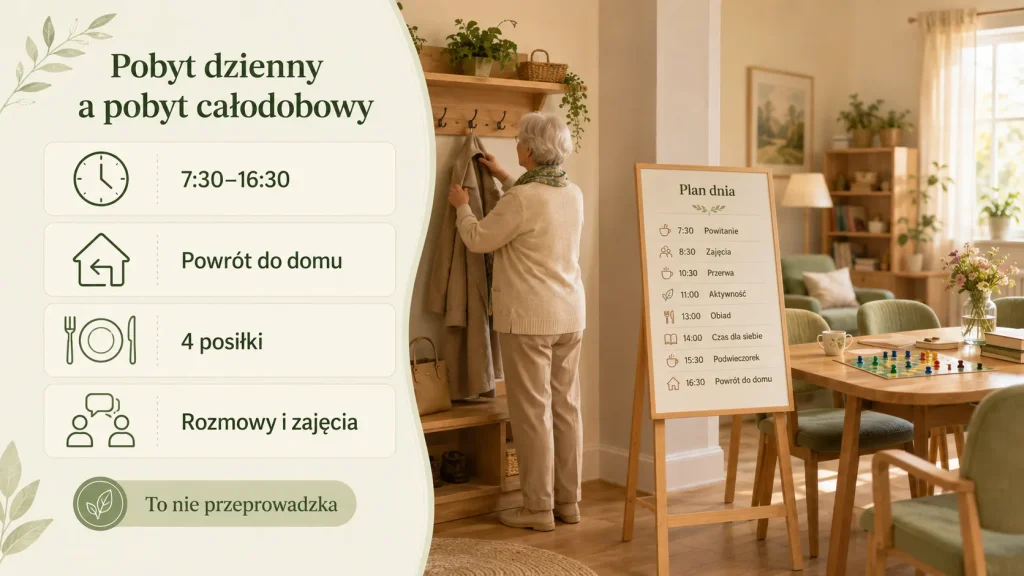 Mini-infografika wyjaśniająca, że dzienny dom seniora oznacza pobyt w dzień i powrót do własnego domu po południu.
