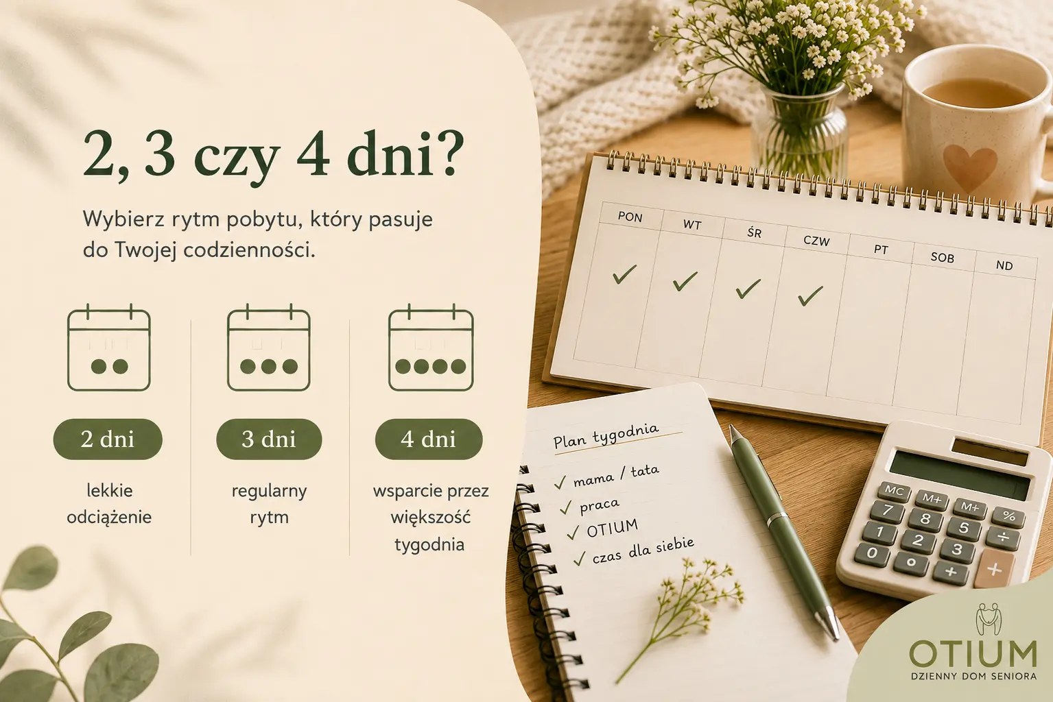 Mini-infografika przedstawiająca pięć sposobów ułatwiających seniorowi z demencją udział w zajęciach grupowych: jedna instrukcja, dwa wybory, znany materiał, widoczny plan i łagodne zakończenie.