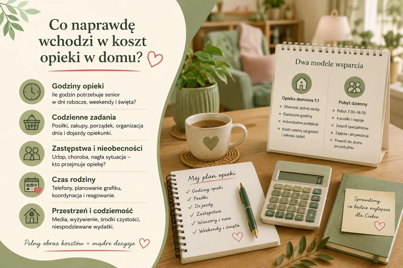 Mini-infografika pokazująca pełny koszt opieki nad seniorem, w tym godziny opieki, codzienne zadania, zastępstwa, czas rodziny i porównanie opieki domowej z pobytem dziennym.