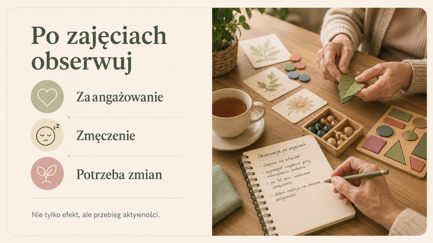 Mini-infografika pokazująca, co warto obserwować po zajęciach seniora: poziom zaangażowania, zmęczenie oraz potrzebę zmiany formy lub trudności aktywności.
