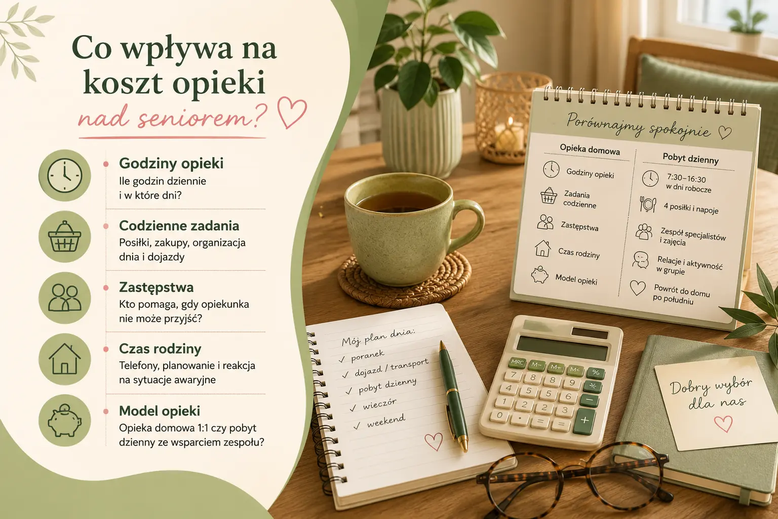 Mini-infografika pokazująca, co wpływa na koszt opieki nad seniorem: godziny opieki, codzienne zadania, zastępstwa, czas rodziny i model opieki.