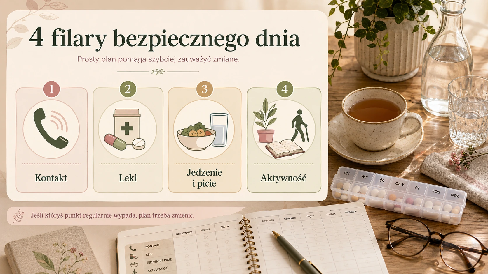 Mini-infografika pokazująca cztery filary bezpiecznego dnia starszej osoby mieszkającej sama: kontakt, leki, posiłki i picie oraz aktywność.
