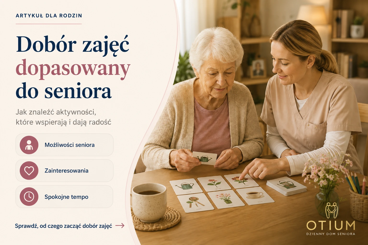 Okładka artykułu o terapii zajęciowej dla seniorów pokazująca seniorkę podczas spokojnej aktywności dopasowanej do jej możliwości, zainteresowań i tempa pracy.