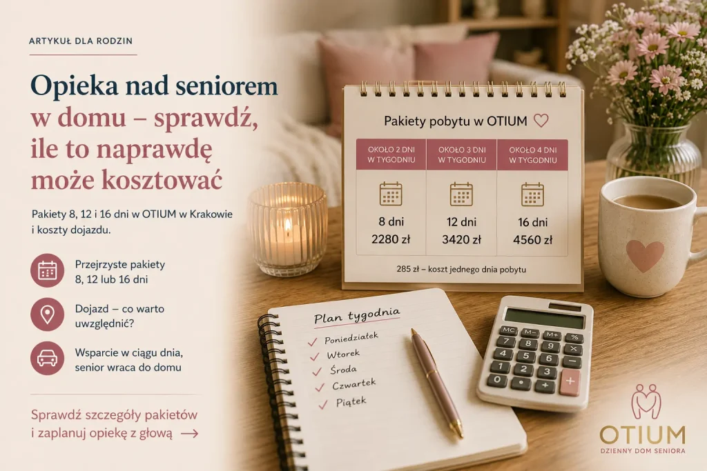 Grafika przedstawiająca miesięczny koszt opieki nad seniorem w OTIUM przy pobycie 2, 3 lub 4 dni w tygodniu oraz pakiety 8, 12 i 16 dni.