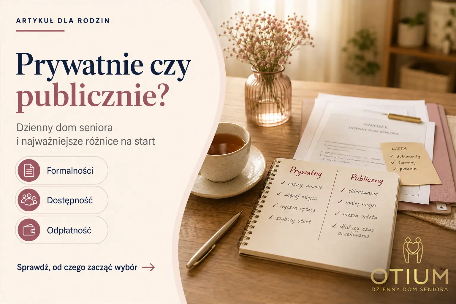 Okładka artykułu porównującego prywatny i publiczny dzienny dom seniora pod względem formalności, dostępności, odpłatności i sposobu rozpoczęcia pobytu.