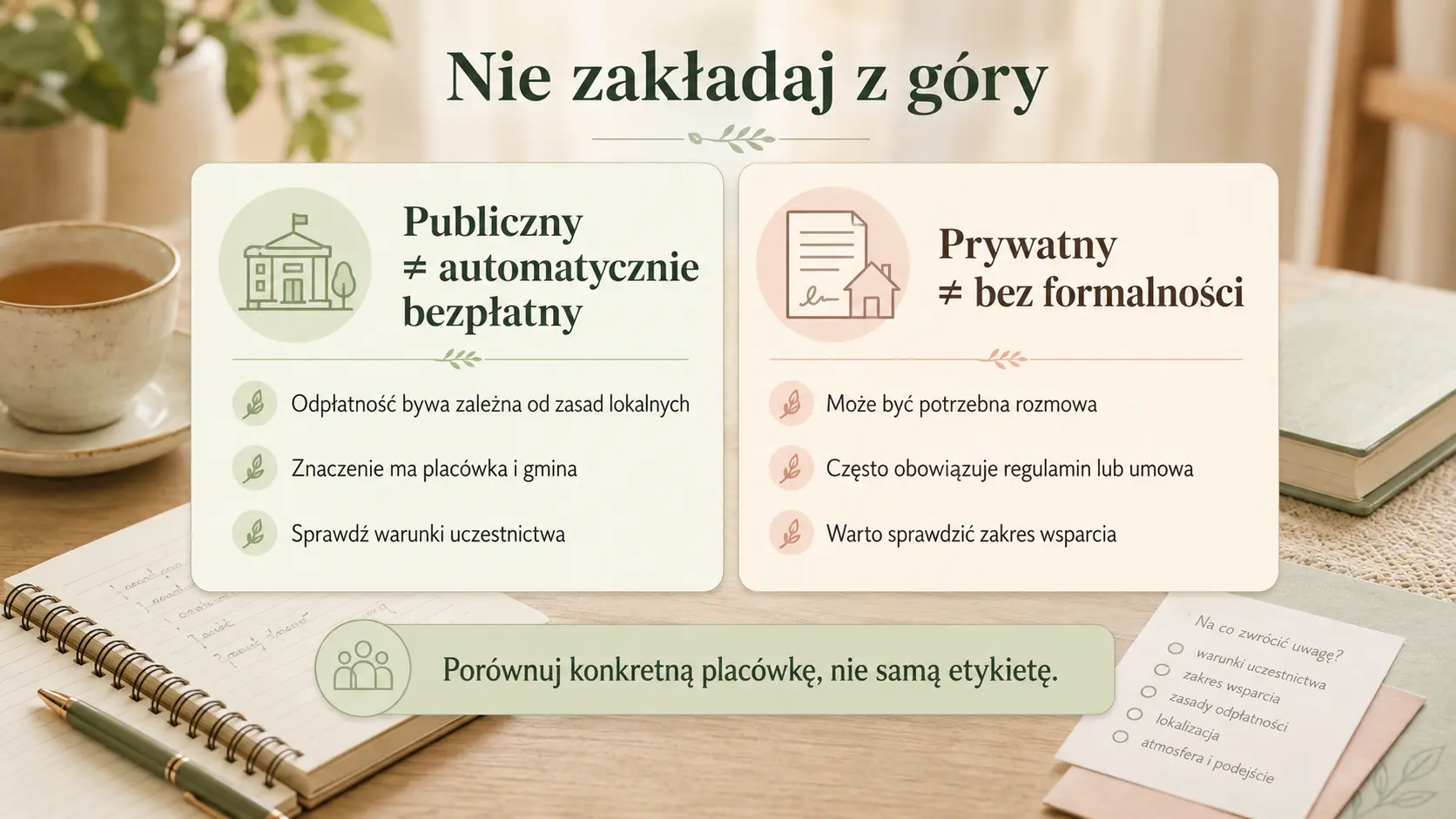 Mini-infografika porównująca publiczny i prywatny dzienny dom seniora, pokazująca że publiczny nie zawsze jest bezpłatny, a prywatny nie oznacza braku formalności.