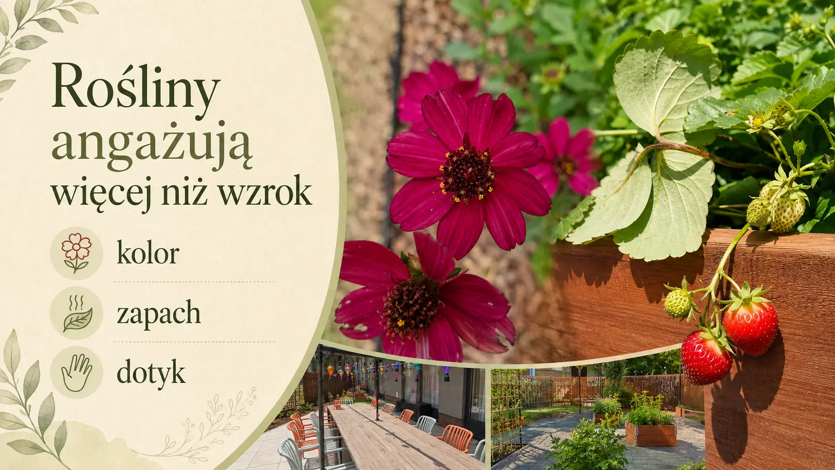 Mini-infografika o hortiterapii dla seniorów pokazująca kwiaty, truskawki i ogród oraz trzy obszary zaangażowania zmysłów: kolor, zapach i dotyk.