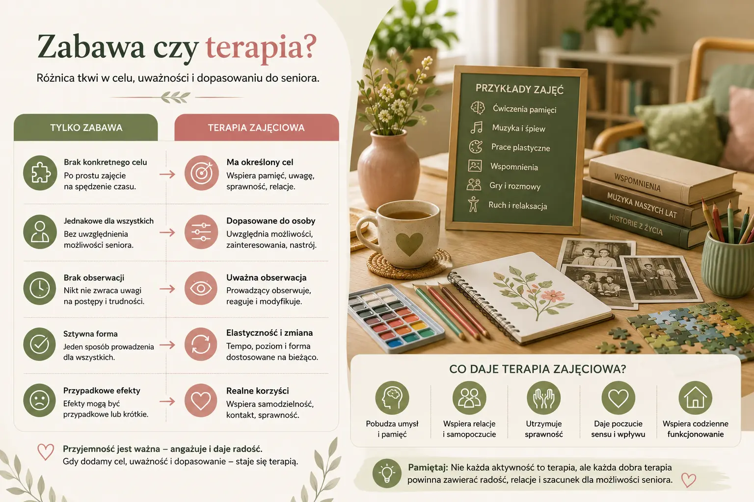Mini-infografika porównująca zwykłą rozrywkę z terapią zajęciową dla seniorów oraz przykłady ćwiczeń pamięci, muzyki, prac plastycznych i aktywności społecznych.