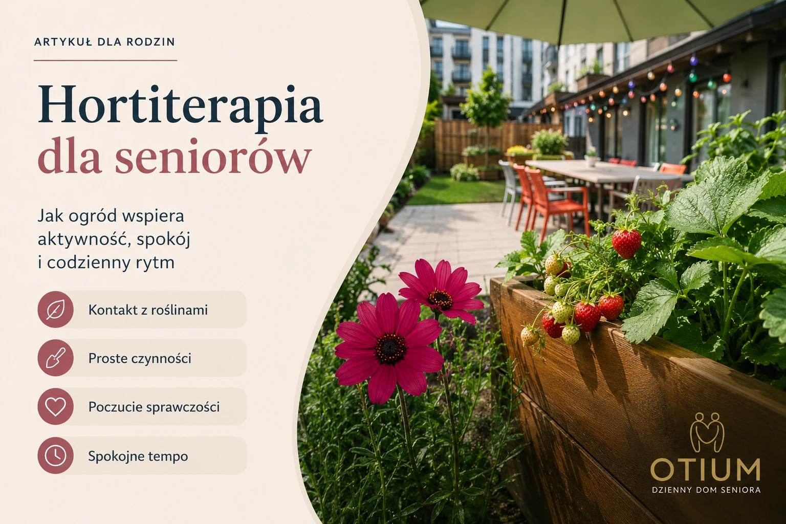 Okładka artykułu o hortiterapii dla seniorów przedstawiająca ogród, kwiaty i truskawki jako element spokojnych zajęć z roślinami.