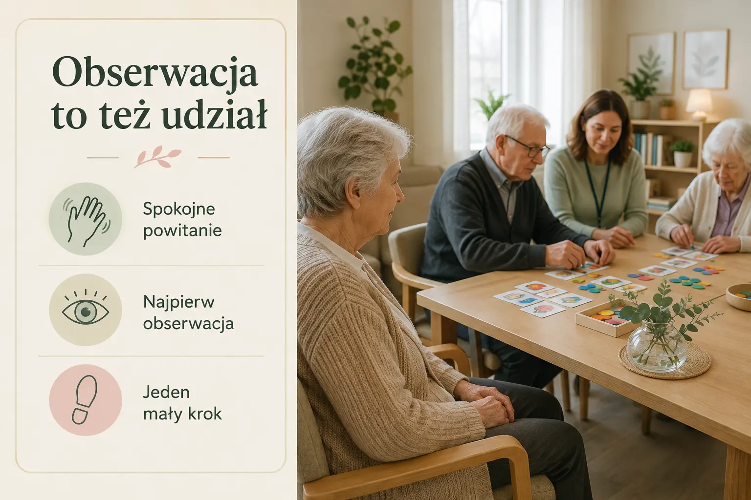 Mini-infografika pokazująca, że senior z demencją może najpierw obserwować zajęcia grupowe, a dopiero później zrobić pierwszy mały krok i dołączyć do aktywności.