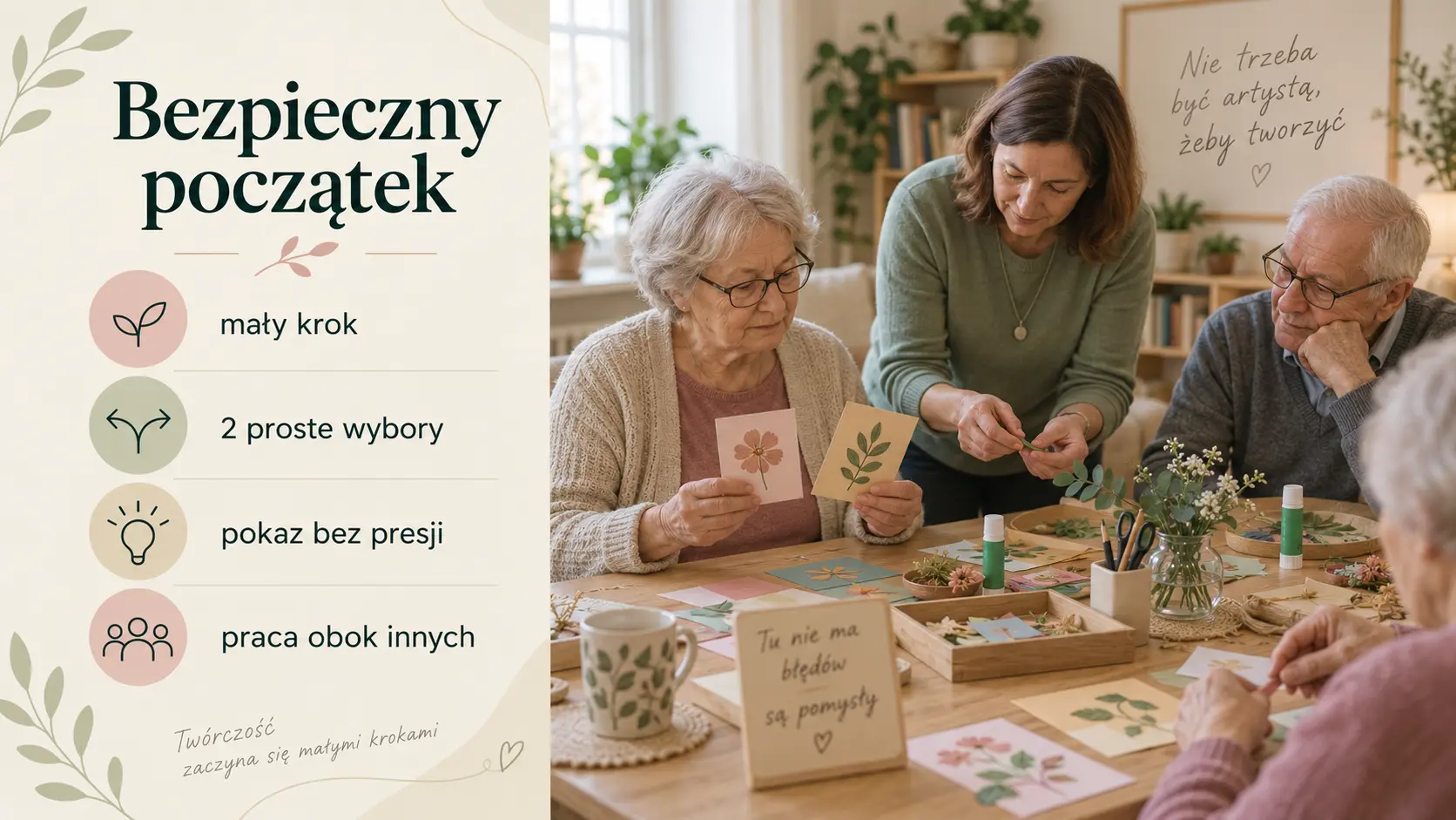 Seniorzy podczas spokojnych zajęć kreatywnych z wyborem prostych wariantów pracy