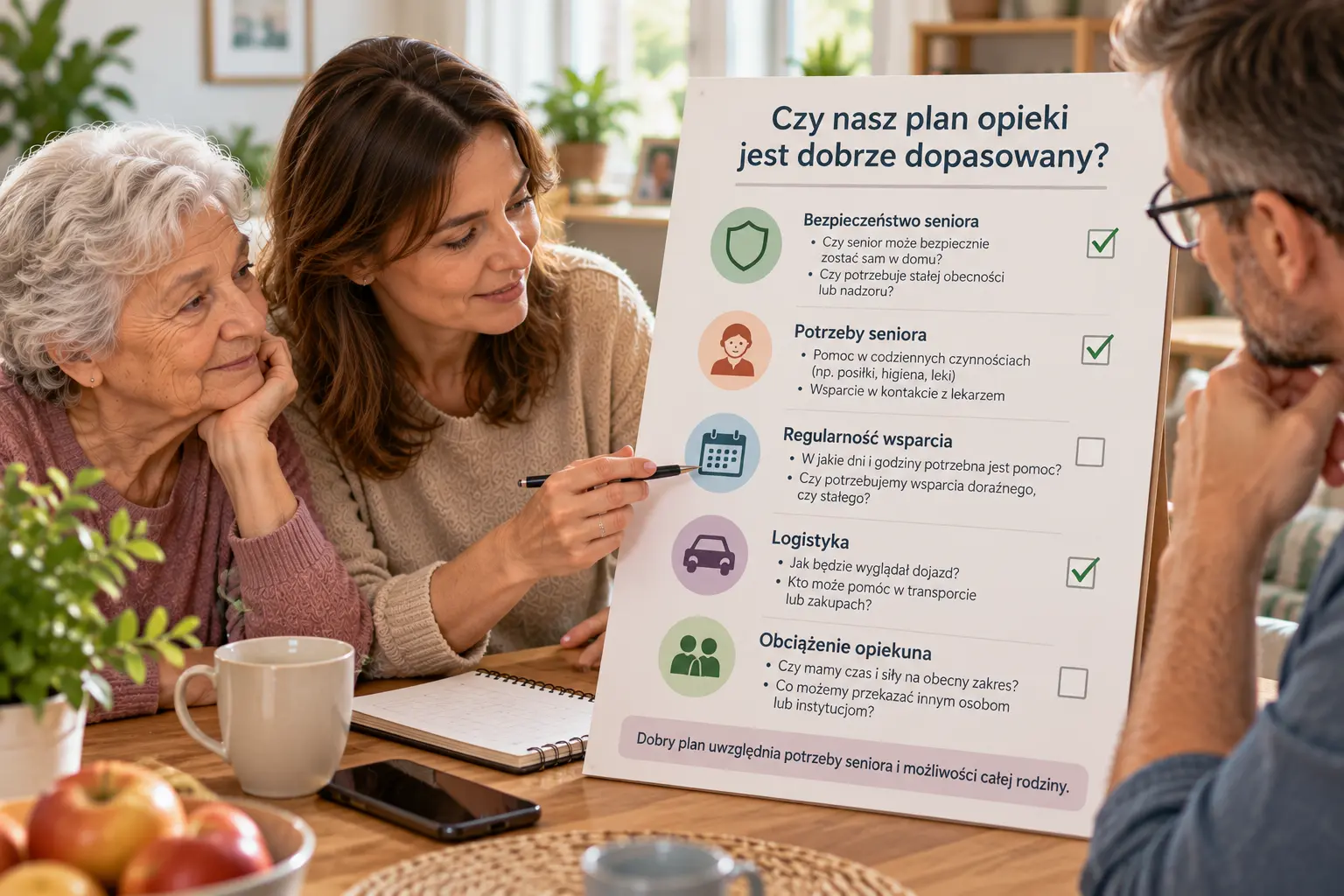 Rodzina sprawdza checklistę dopasowania opieki dla seniora.