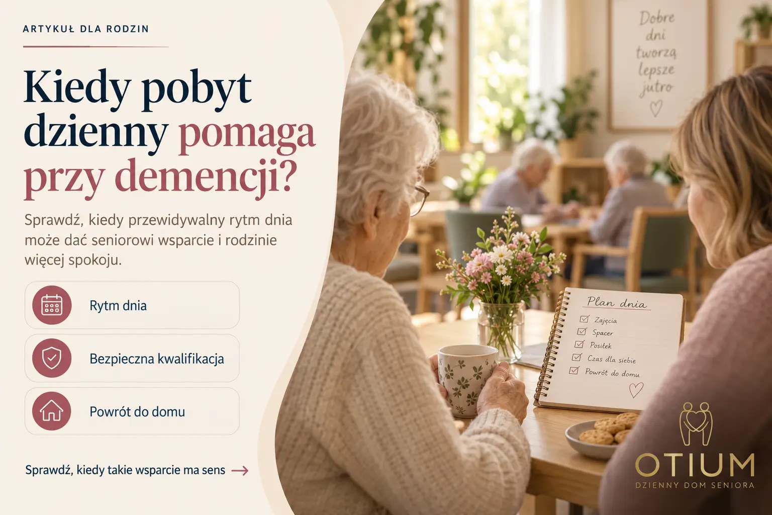 Okładka artykułu o opiece nad seniorem z demencją w Krakowie pokazująca spokojny pobyt dzienny, przewidywalny rytm dnia, bezpieczną kwalifikację i powrót do domu.