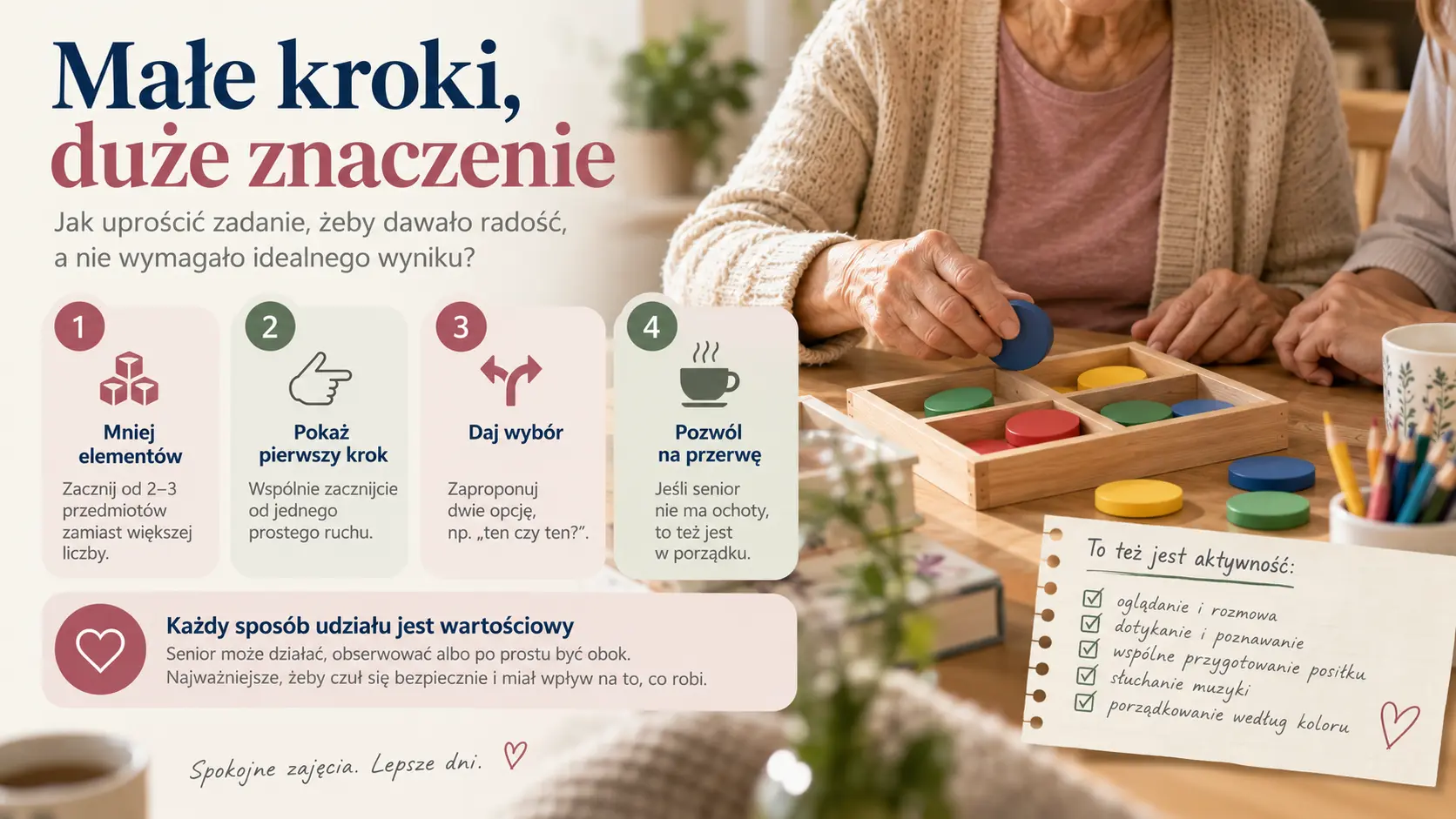 Senior sortuje materiały przy stole, a opiekun spokojnie daje mu czas.
