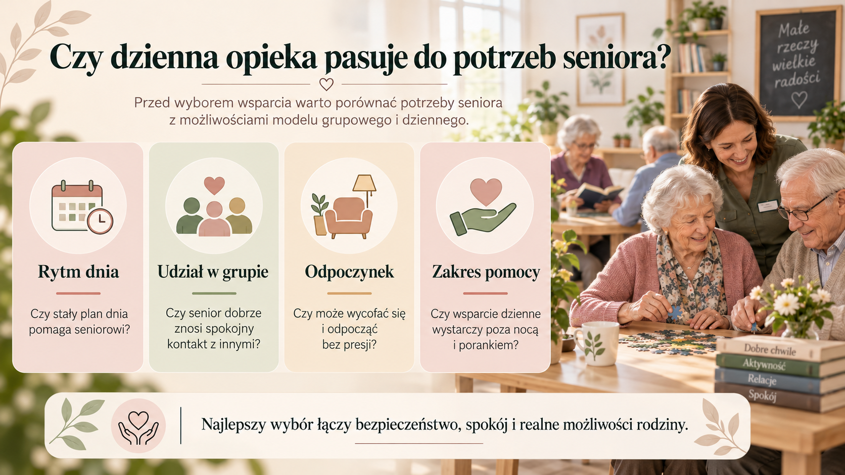 Kartka z symbolami decyzji obok spokojnej sali z seniorami