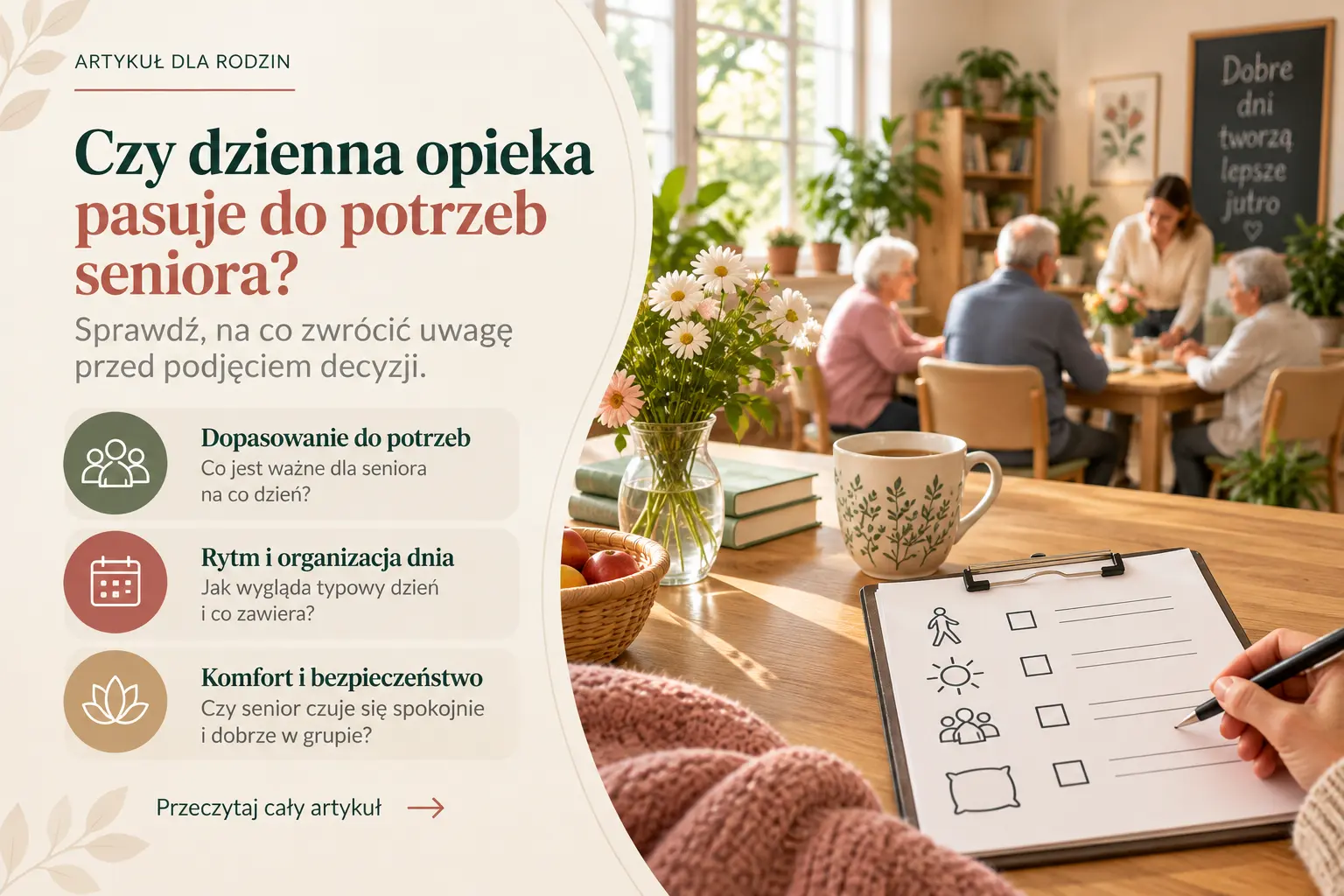 Okładka artykułu o wyborze dziennej opieki dla seniora, pokazująca spokojną przestrzeń grupową oraz najważniejsze kryteria: potrzeby seniora, rytm dnia, komfort i bezpieczeństwo.