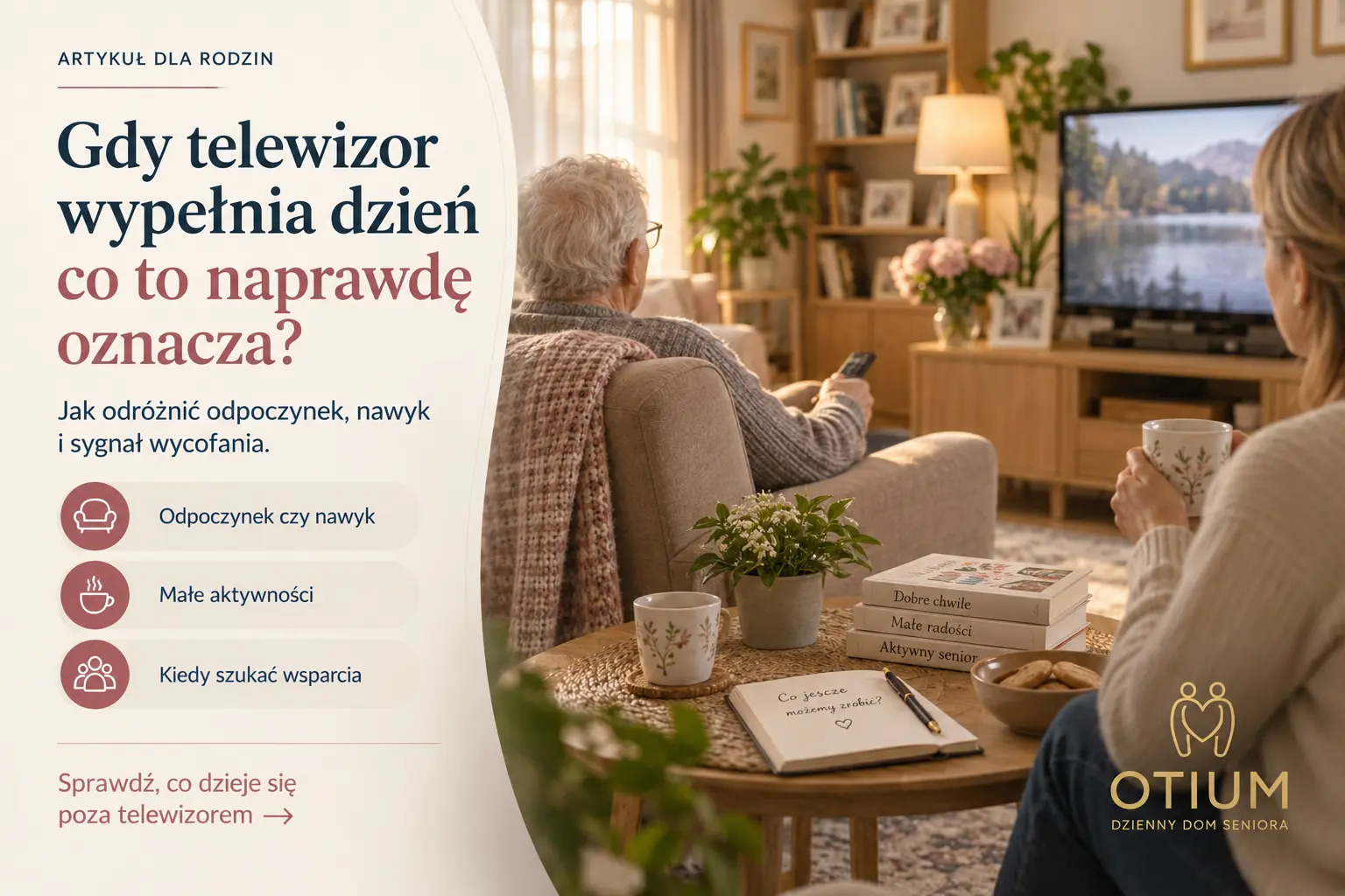 Notatnik z symbolami telewizora, rozmowy i aktywności obok fotela seniora