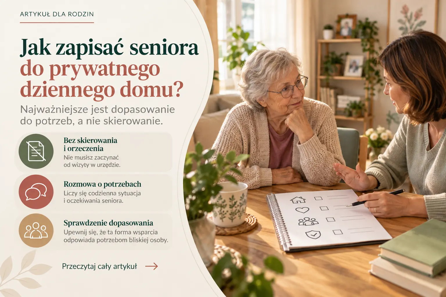 Okładka artykułu o zapisie seniora do prywatnego dziennego domu, pokazująca rozmowę o potrzebach, brak konieczności skierowania oraz sprawdzenie dopasowania do opieki dziennej.