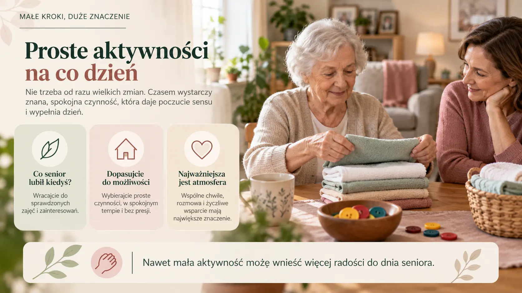 Senior składa ręczniki i sortuje przedmioty przy stole obok bliskiej osoby