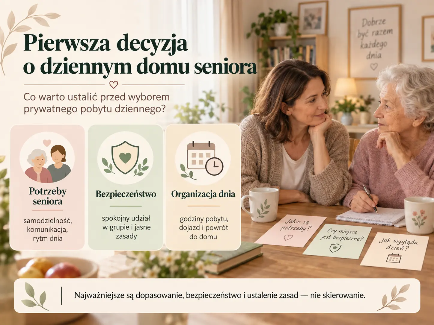 Rodzina rozmawia z seniorem o wyborze dziennego domu seniora.