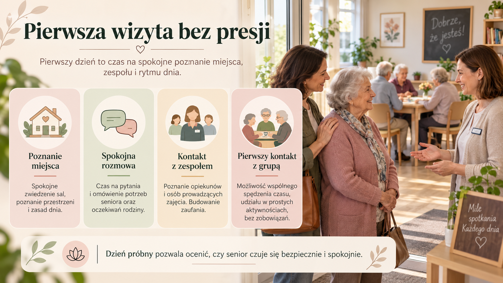 Senior i bliski rozmawiają z opiekunem podczas pierwszej wizyty w dziennym domu seniora