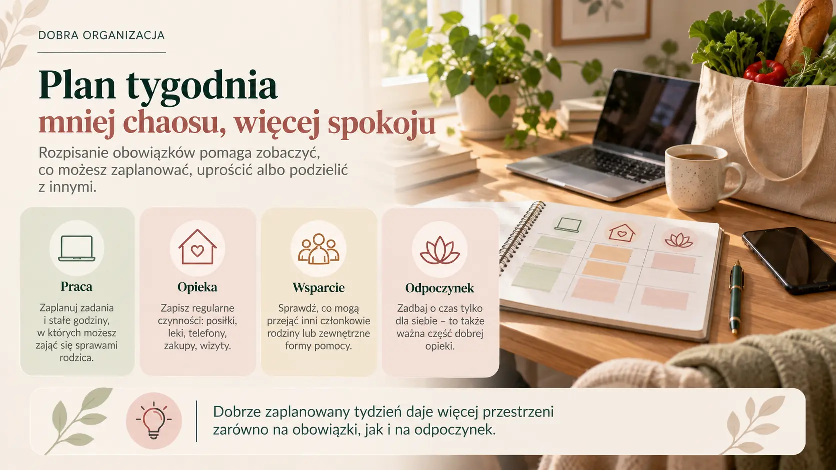 Plan tygodnia, laptop, telefon i zakupy na biurku pracującego opiekuna.
