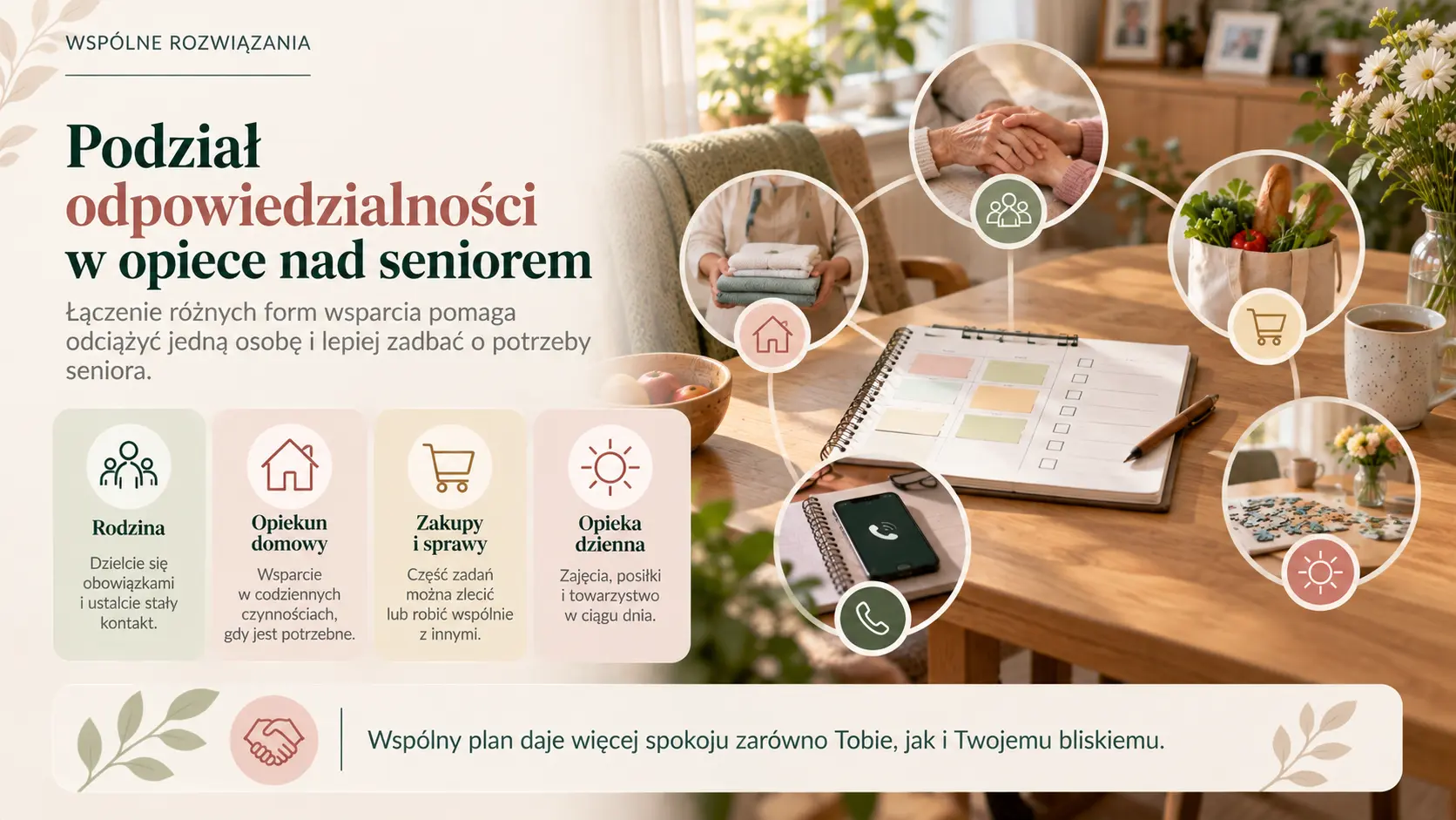 Kalendarz i symbole rodziny, zakupów, opiekuna domowego oraz opieki dziennej.