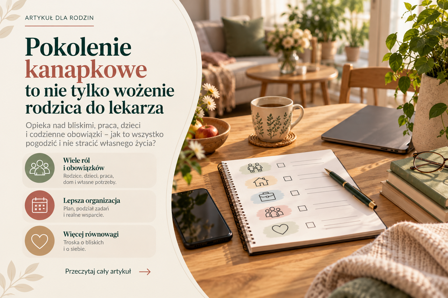 Okładka artykułu o pokoleniu kanapkowym pokazująca planowanie obowiązków związanych z opieką nad starszym rodzicem, pracą, dziećmi i własnym odpoczynkiem.