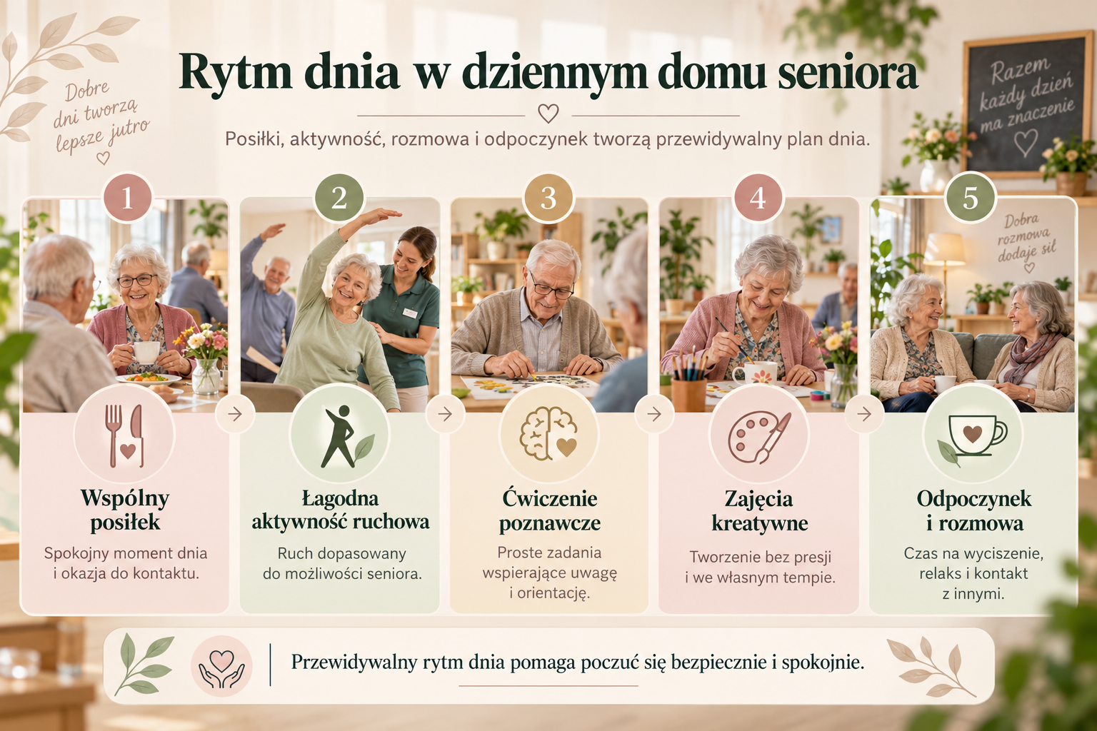 Seniorzy podczas posiłku, aktywności i odpoczynku w dziennym domu seniora
